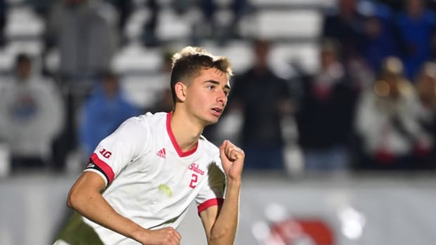 Dec 12, 2022; Cary, NC, USA; Indiana defender Joey Maher (2) reacts after making a penalty kick. The game was decided on penalty kicks after finishing tied after double overtime at WakeMed Soccer Park